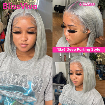 13x6 Short Bob Wigs Silver Grey Lace Front Wigs Human Hair Pre Plucked Ash Gray Blonde 613 Lace Frontal Wig Human Hair Bob Wig BlissViva Hair Store 1103372311