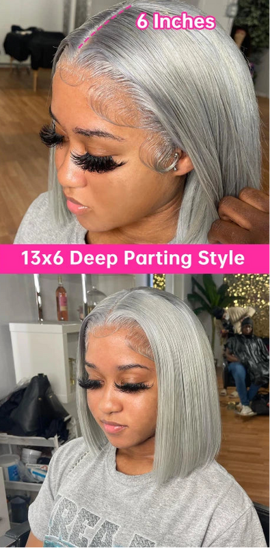 6-16 inch Short Bob Wig Human Hair 13x6 Transparent Lace Front Wig Preplucked Sliver Grey Colored Human Hair Wigs Bleached Knots Verochic Store 1104704776