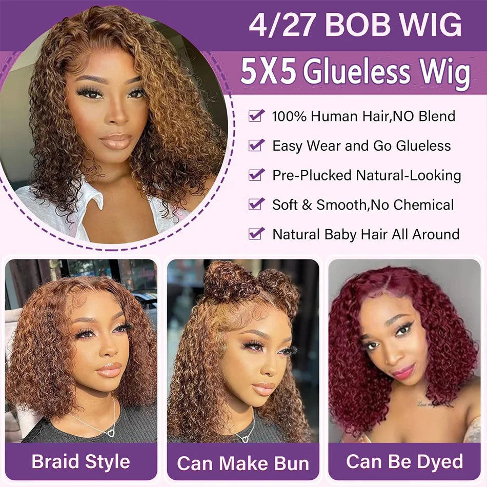 427 Highlight Bob Wig Human Hair Glueless Deep Wave Frontal Wig 5X5 Hd Lace Closure Wig Brazilian Hair Short Bob Wig 250 Density SIXQUEEN Wig Store Store ID 1104602052