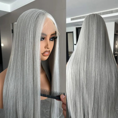 Silver Grey Straight Wigs Human Hair Vietnamese 220% Density 13x6 HD Lace Frontal Colored Wig 38 Pre Plucked With Baby Hairline Line Hair Oversea Store Store ID 1103579756