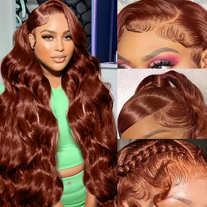 13x4 Red Brown Body Wave 200 Density Frontal Glueless Wig Brazilian Virgin Hair HD Transparent Lace Pre plucked Human Hair wigs Wig Queen US Store Store ID 1103587128