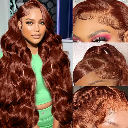 13x4 Red Brown Body Wave 200 Density Frontal Glueless Wig Brazilian Virgin Hair HD Transparent Lace Pre plucked Human Hair wigs Wig Queen US Store Store ID 1103587128