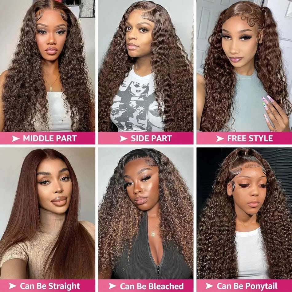 200 Density Water Wave Curly Wigs Human Hair Chocolate Brown 13x4 13x6 Hd Lace Frontal Wig 100% Colored Deep Wave Lace Front Wig Lowell Lace Wig Store 1105062522