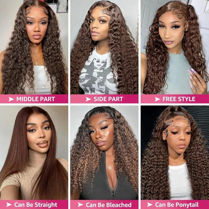 200 Density Water Wave Curly Wigs Human Hair Chocolate Brown 13x4 13x6 Hd Lace Frontal Wig 100% Colored Deep Wave Lace Front Wig Lowell Lace Wig Store 1105062522