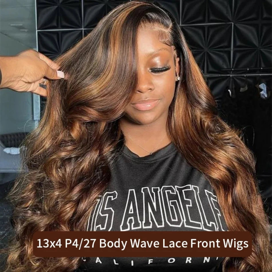 Body Wave Highlight Wigs Human Hair 13x6 hd Omber Lace Front Human Hair Pre Plucked Wig P4/27 Blonde and Brown Colored Wig 100% Lowell Lace Wig Store 1105062522