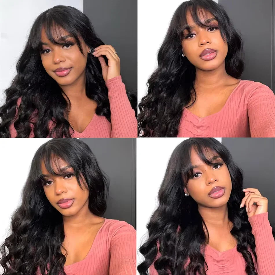3x1 Lace Middle Part Body Wave Human Hair Wig With Bangs Brazilian Remy Loose Wave Machine Made Fringe Wig For Women on Sale Finros Wig Store 1103412007