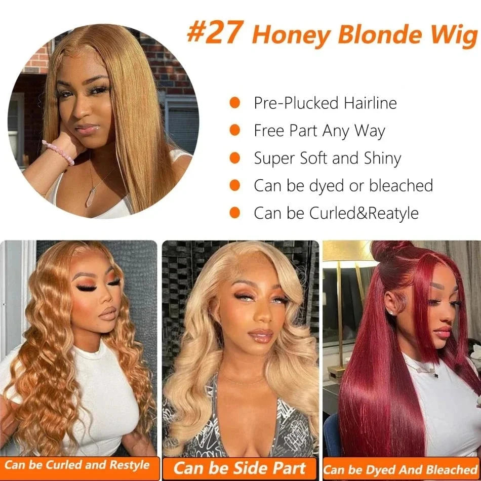 Straight Human Hair Wigs 27 Honey Blonde 13X6 Hd Lace Frontal Wig 100% Human Hair 230 Density Pre Plucked Brazilian Wigs 38 Inch Afybea GlowHair Store 1105053546