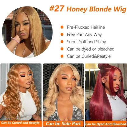 Straight Human Hair Wigs 27 Honey Blonde 13X6 Hd Lace Frontal Wig 100% Human Hair 230 Density Pre Plucked Brazilian Wigs 38 Inch Afybea GlowHair Store 1105053546