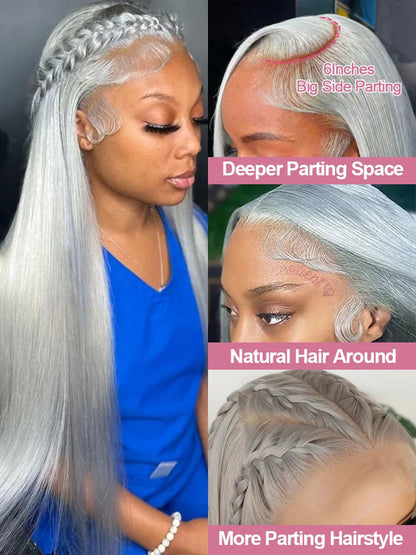 Silver Grey Straight Wigs Human Hair Vietnamese 220% Density 13x6 HD Lace Frontal Colored Wig 38 Pre Plucked With Baby Hairline Line Hair Oversea Store Store ID 1103579756
