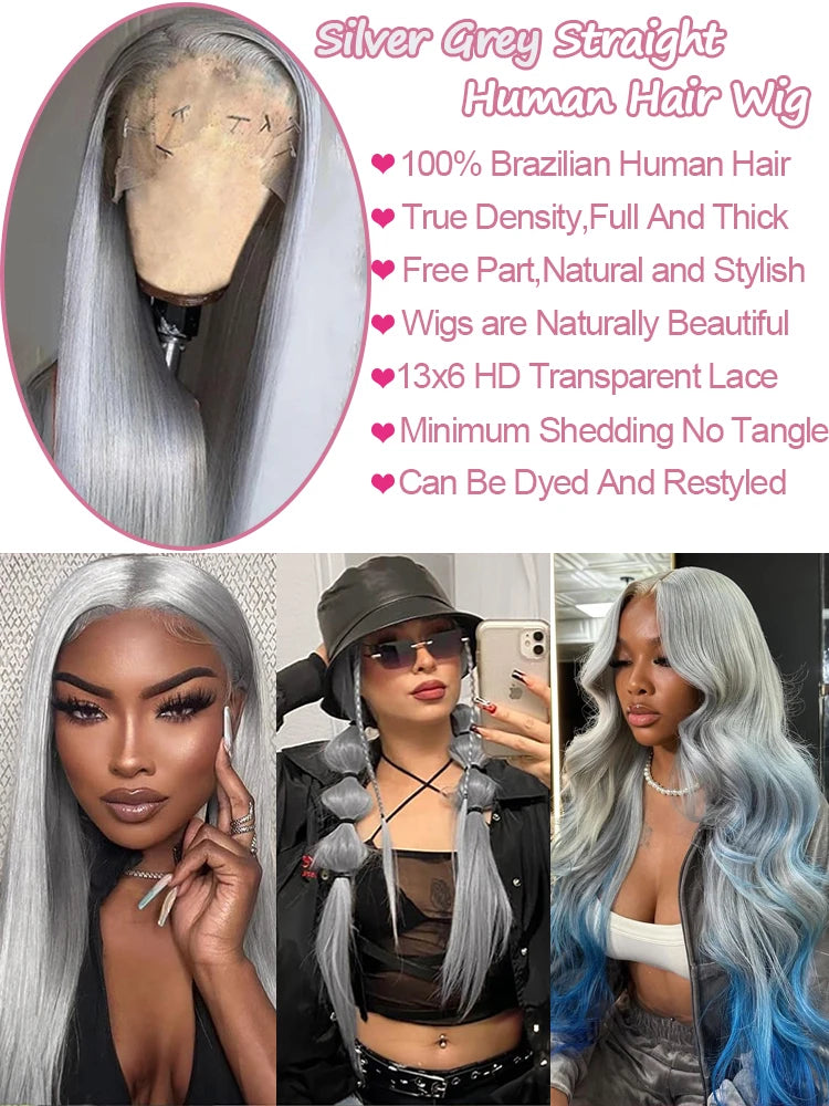 Silver Grey Straight Wigs Human Hair Vietnamese 220% Density 13x6 HD Lace Frontal Colored Wig 38 Pre Plucked With Baby Hairline Line Hair Oversea Store Store ID 1103579756