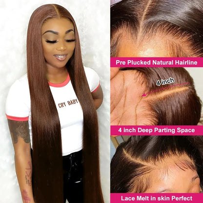 Chocolate Lace 4X4 Straight Lace Front Wig Brazlian Human Hair Wigs Chocolate Brown Transparent Brown Colored Lace Closure Wig Wig Queen US Store Store ID 1103587128