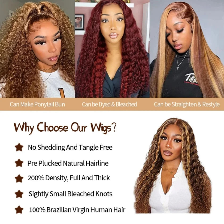 200 High Density Deep Wave Highlight 13x4 13x6 HD Lace Frontal Water Wave Wig Brazilian 100% Colored P4/27 Curly Human Hair Wigs Lowell Lace Wig Store 1105062522