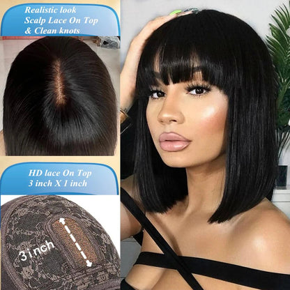 Wiggogo 3X1 Middle Part Lace Wig Bob Wigs Full Machine Made Bone Straight Human Hair Wigs With Bangs Short Bob Human Hair Wigs Wiggogo US Store Store ID 1103570610