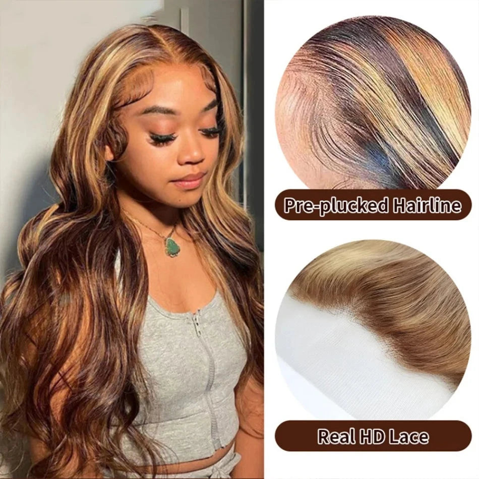 Body Wave Highlight Wigs Human Hair 13x6 hd Omber Lace Front Human Hair Pre Plucked Wig P4/27 Blonde and Brown Colored Wig 100% Lowell Lace Wig Store 1105062522