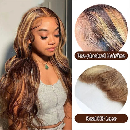 Body Wave Highlight Wigs Human Hair 13x6 hd Omber Lace Front Human Hair Pre Plucked Wig P4/27 Blonde and Brown Colored Wig 100% Lowell Lace Wig Store 1105062522