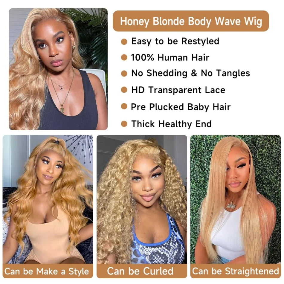 #27 Honey Blonde Wig Human Hair 100% Brazilian Body Wave Lace Front Wigs 13X6 Hd Lace Frontal Wig 250 Density Preplucked 30 Inch SIXQUEEN Wig Store Store ID 1104602052