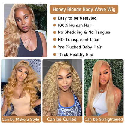 #27 Honey Blonde Wig Human Hair 100% Brazilian Body Wave Lace Front Wigs 13X6 Hd Lace Frontal Wig 250 Density Preplucked 30 Inch SIXQUEEN Wig Store Store ID 1104602052