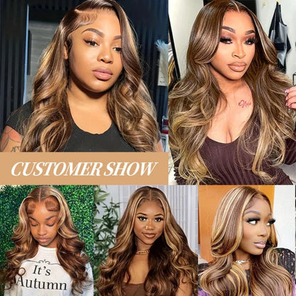 Body Wave Highlight Wigs Human Hair 13x6 hd Omber Lace Front Human Hair Pre Plucked Wig P4/27 Blonde and Brown Colored Wig 100% Lowell Lace Wig Store 1105062522