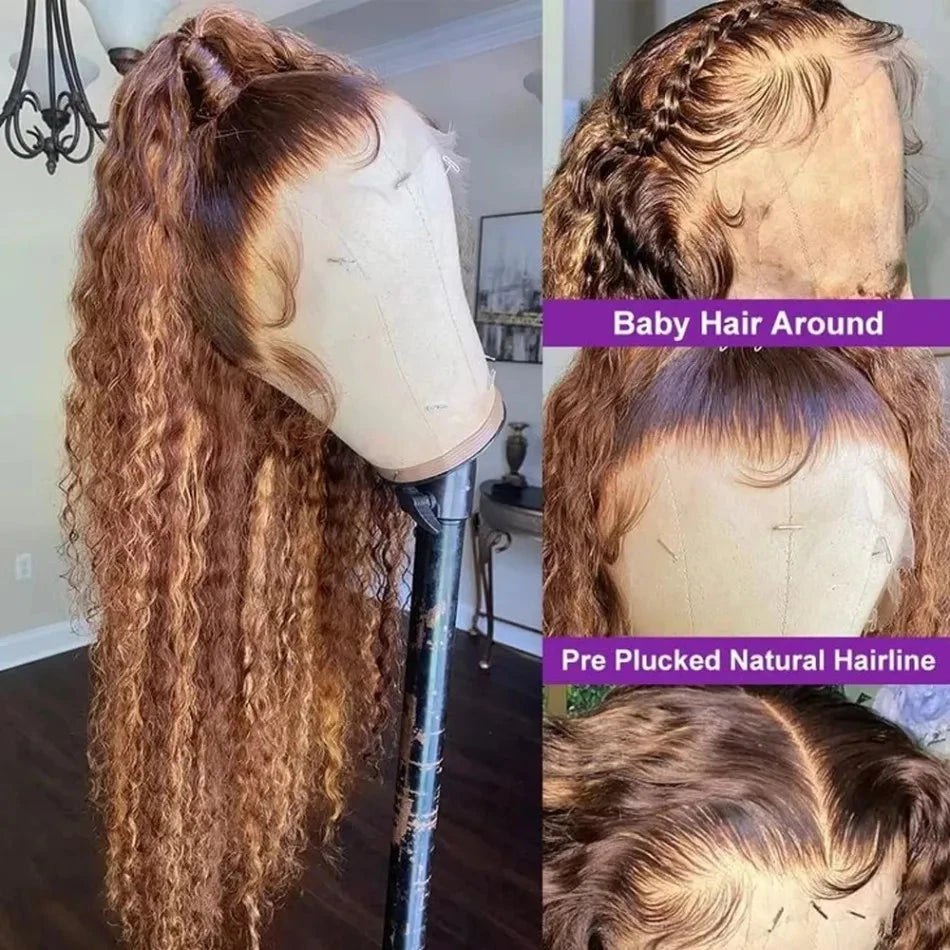 360 Full Lace Wig 427 Highlight Wig Human Hair Deep Wave Frontal Wig Honey Blonde 13X4 Curls Wigs Lace Front Frontal 250 Density SIXQUEEN Wig Store Store ID 1104602052