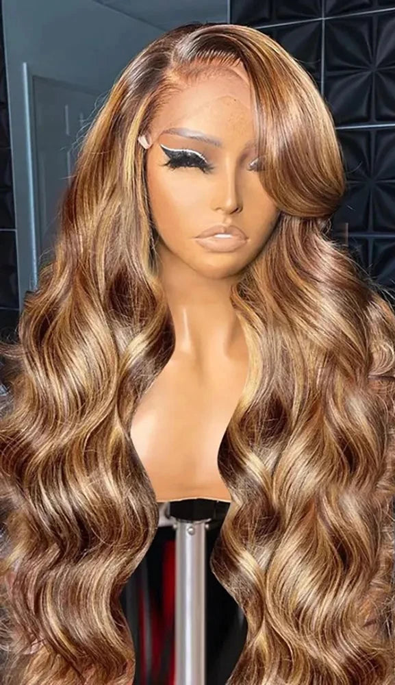 13x4 Hd Transparent Lace Front Wig Colored Highlight Human Hair Wigs For Women Brazilian Body Wave 4/27 Blonde Pre Plucked Wigs Wig Queen US Store Store ID 1103587128
