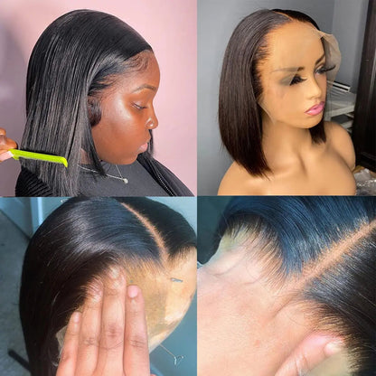 13x4 Short Bob 200 Density Natural Black Straight HD Transparent Lace Brazilian Virgin Hair Wig Full Lace Frontal Wigs For Women Wig Queen US Store Store ID 1103587128