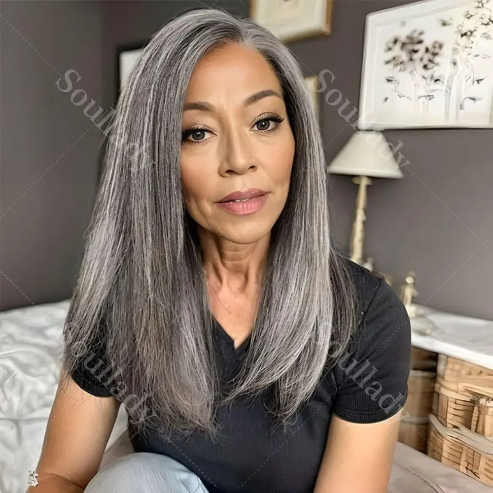 WIG QUEEN Silver Luxe Gray HD 13x4.5 Lace Frontal Wigs Straight Real Human Hair Wigs Salt And Pepper Front Wig For Mature Women Wig Queen US Store Store ID 1103587128