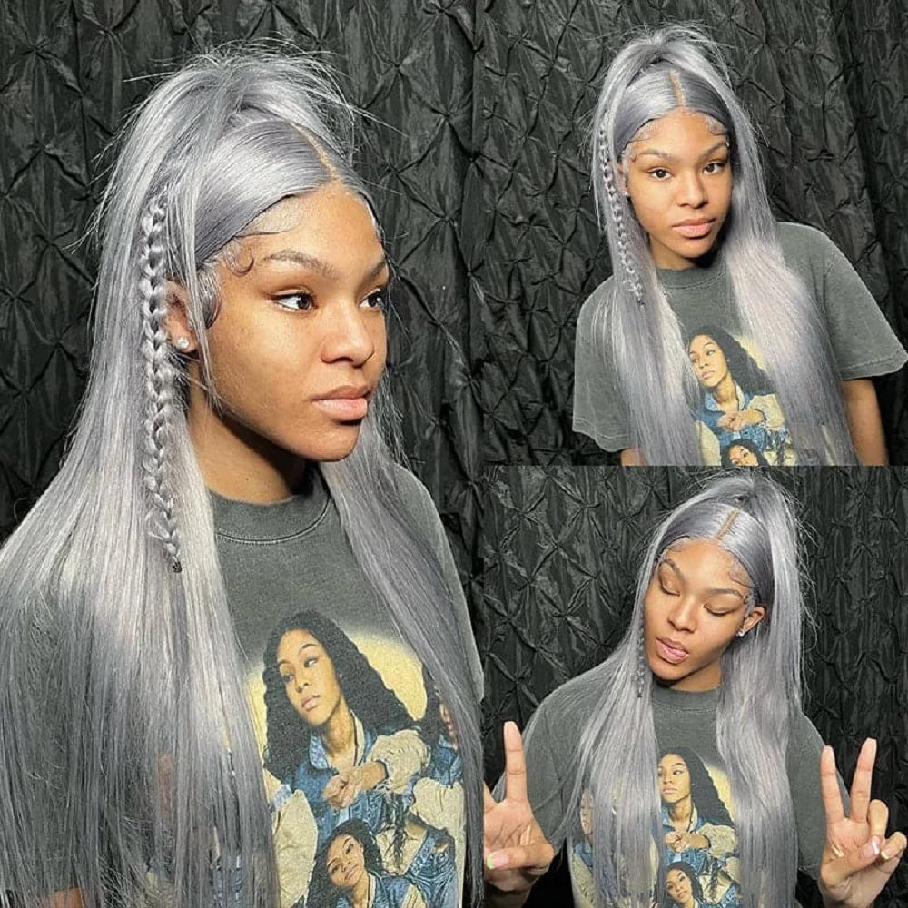 Silver Grey Straight Wigs Human Hair Vietnamese 220% Density 13x6 HD Lace Frontal Colored Wig 38 Pre Plucked With Baby Hairline Line Hair Oversea Store Store ID 1103579756