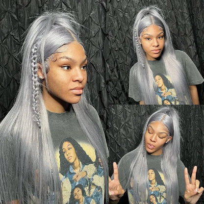 Silver Grey Straight Wigs Human Hair Vietnamese 220% Density 13x6 HD Lace Frontal Colored Wig 38 Pre Plucked With Baby Hairline Line Hair Oversea Store Store ID 1103579756