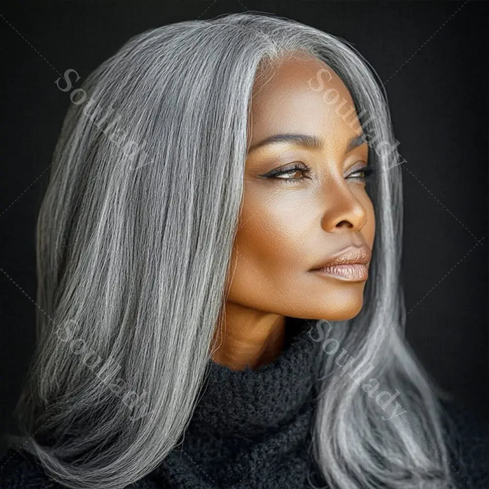 WIG QUEEN Silver Luxe Gray HD 13x4.5 Lace Frontal Wigs Straight Real Human Hair Wigs Salt And Pepper Front Wig For Mature Women Wig Queen US Store Store ID 1103587128