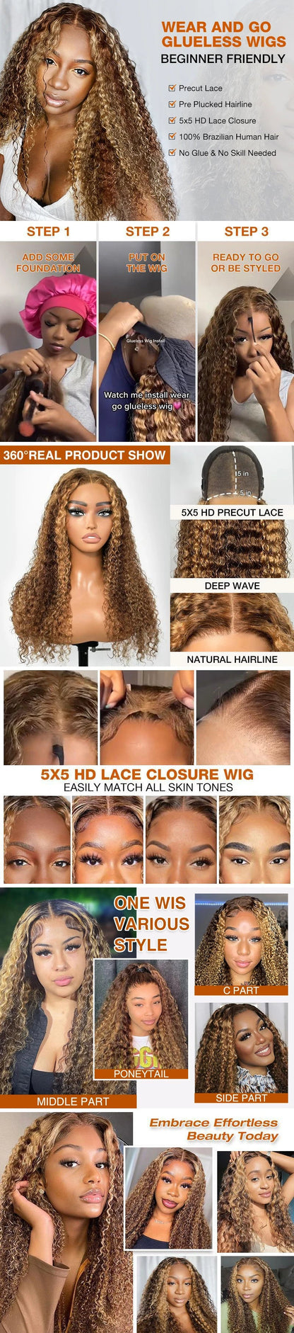 Glueless Wigs Deep Wave Honey Blonde 100% Human Hair Pre Cut Highlight Wear and Go Curly Wigs for Women Ombre HD Lace Front Wig Inksoda Hair Store 1104801055