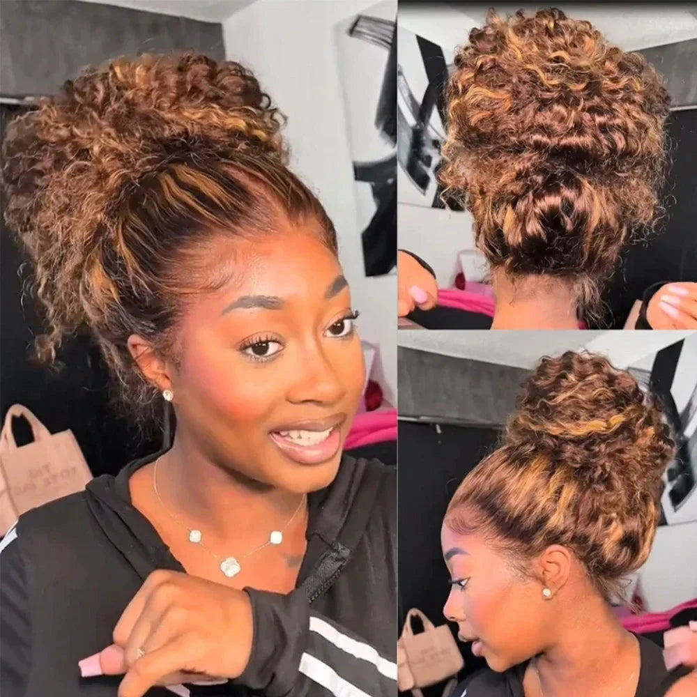 Curly Highlight Wig Human Hair HD Invisi-Strap 360 Full Lace Wig Pre Plucked 13x4 13x6  Deep Wave Lace Frontal Wigs For Women Finros Wig Store 1103412007