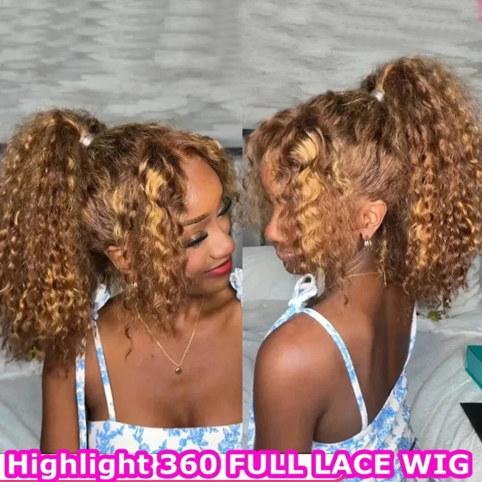 360 Full Lace Wig 427 Highlight Wig Human Hair Deep Wave Frontal Wig Honey Blonde 13X4 Curls Wigs Lace Front Frontal 250 Density SIXQUEEN Wig Store Store ID 1104602052
