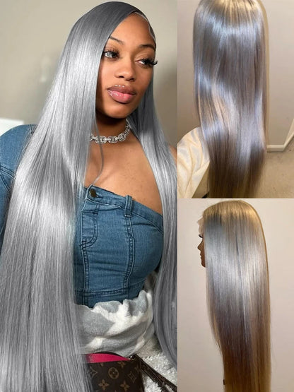 Silver Grey Straight Wigs Human Hair Vietnamese 220% Density 13x6 HD Lace Frontal Colored Wig 38 Pre Plucked With Baby Hairline Line Hair Oversea Store Store ID 1103579756