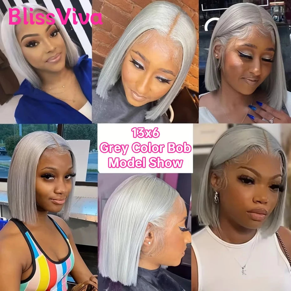 13x6 Short Bob Wigs Silver Grey Lace Front Wigs Human Hair Pre Plucked Ash Gray Blonde 613 Lace Frontal Wig Human Hair Bob Wig BlissViva Hair Store 1103372311