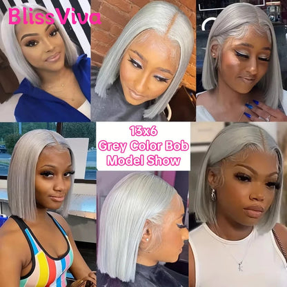 13x6 Short Bob Wigs Silver Grey Lace Front Wigs Human Hair Pre Plucked Ash Gray Blonde 613 Lace Frontal Wig Human Hair Bob Wig BlissViva Hair Store 1103372311