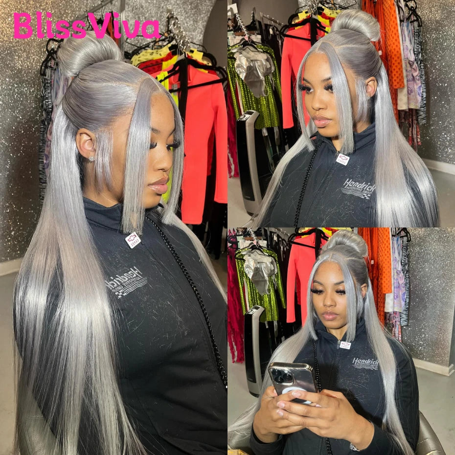 Ash Grey 13x6 360 Lace Frontal Wig Straight 30 Inch Lace Front Wig Human Hair Pre Plucked Silver Gray Lace Front Wigs Human Hair BlissViva Hair Store 1103372311
