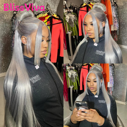 Ash Grey 13x6 360 Lace Frontal Wig Straight 30 Inch Lace Front Wig Human Hair Pre Plucked Silver Gray Lace Front Wigs Human Hair BlissViva Hair Store 1103372311