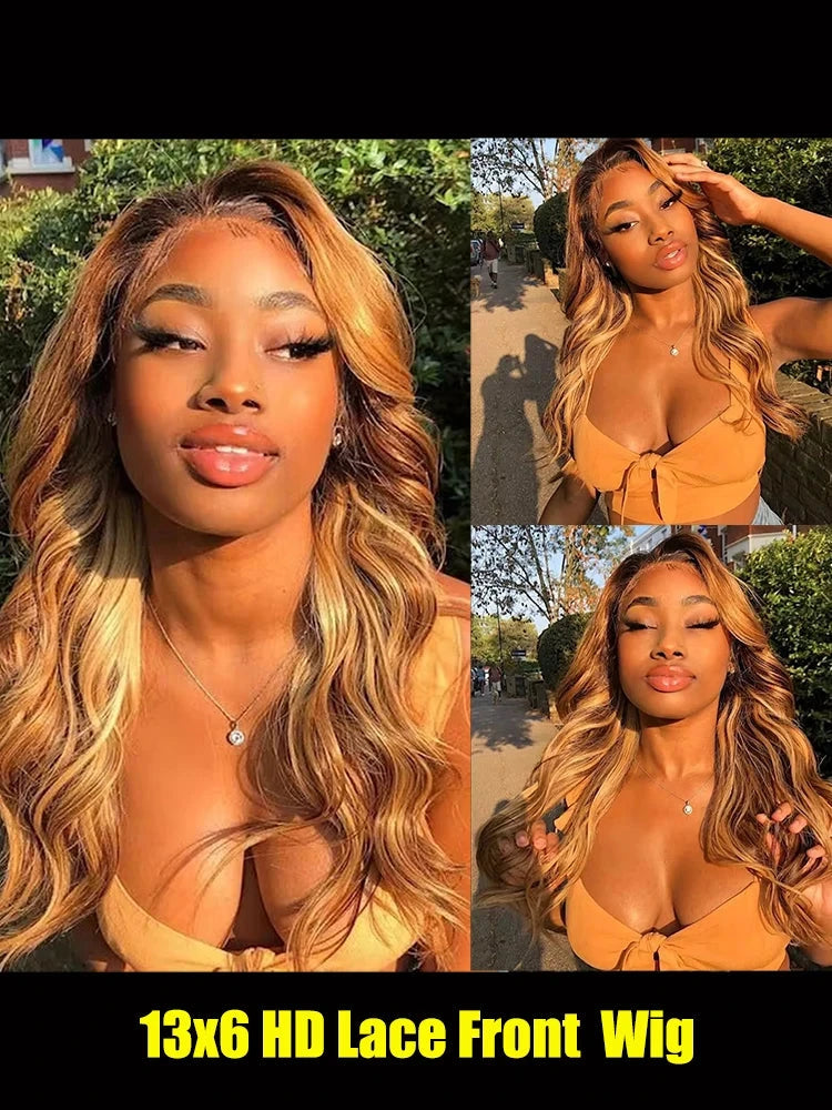 Body Wave Highlight Wigs Human Hair 13x6 hd Omber Lace Front Human Hair Pre Plucked Wig P4/27 Blonde and Brown Colored Wig 100% Lowell Lace Wig Store 1105062522