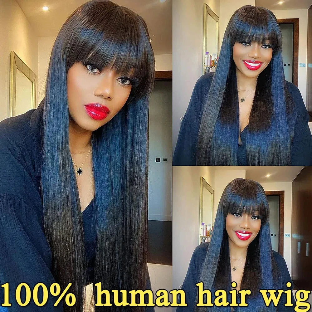 3x1 Middle Part Lace Wig Straight Human Hair Wig With Bangs 100% Human Hair Wigs For Women Brazilian Full Machine Made Wig Finros Wig Store 1103412007