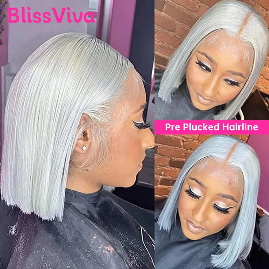 13x6 Short Bob Wigs Silver Grey Lace Front Wigs Human Hair Pre Plucked Ash Gray Blonde 613 Lace Frontal Wig Human Hair Bob Wig BlissViva Hair Store 1103372311