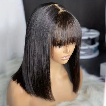 Cheap Straight Short Bob Wigs Human Hair With Bangs Brazilian Remy 3x1 Lace Middle Part Bob Wig for Women Full Machine Made Wig Finros Wig Store 1103412007