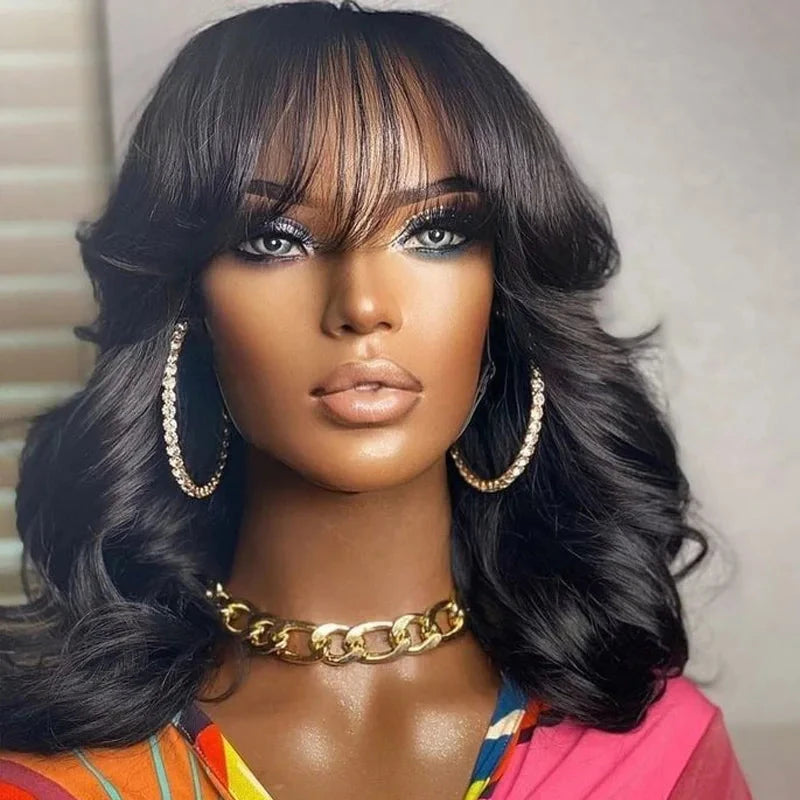 Chic Body Wave Bob Wigs With Bangs Human Hair Wigs 180% Density Glueless Full Machine Made Peruvian Remy None Lace Fringe Wig Wig Queen US Store Store ID 1103587128