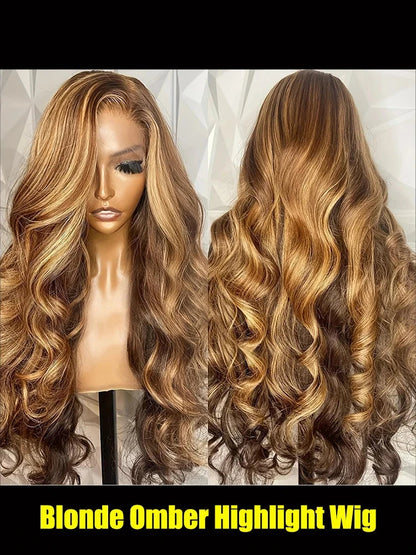 Body Wave Highlight Wigs Human Hair 13x6 hd Omber Lace Front Human Hair Pre Plucked Wig P4/27 Blonde and Brown Colored Wig 100% Lowell Lace Wig Store 1105062522