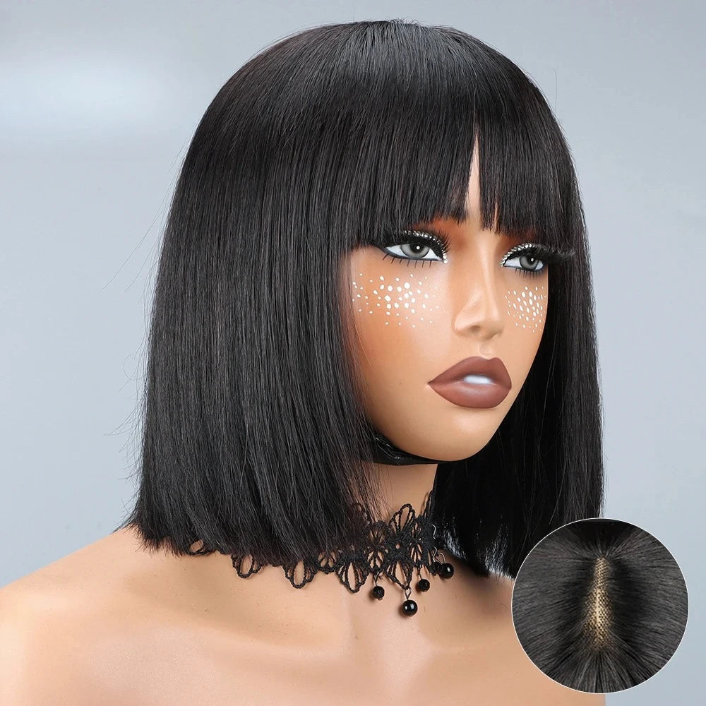 Straight Human Hair Wigs With Bangs Fringe Middle Part Bob Lace Wigs Realistic Scalp Brazilian Straight Bob Lace Wigs With Bangs HairStar Wigs