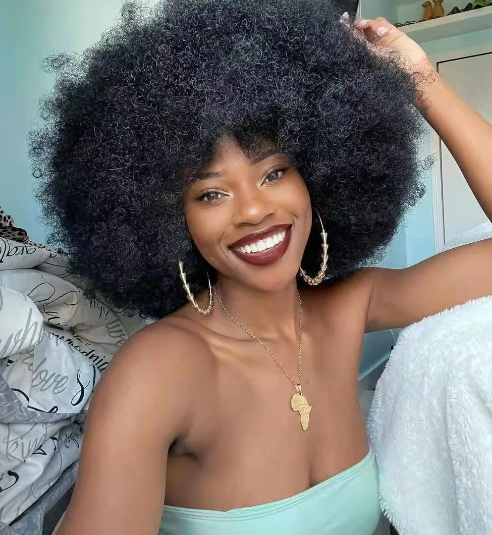 Cheap Short Fluffy Afro Curly Wigs For Women Human Hair Brazilian Hair Glueless Human Hair Afro Wigs Full Machine Made Wig Wig Queen US Store Store ID 1103587128