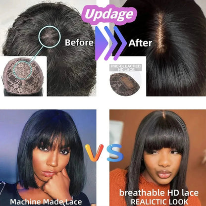 Wiggogo 3X1 Middle Part Lace Wig Bob Wigs Full Machine Made Bone Straight Human Hair Wigs With Bangs Short Bob Human Hair Wigs Wiggogo US Store Store ID 1103570610
