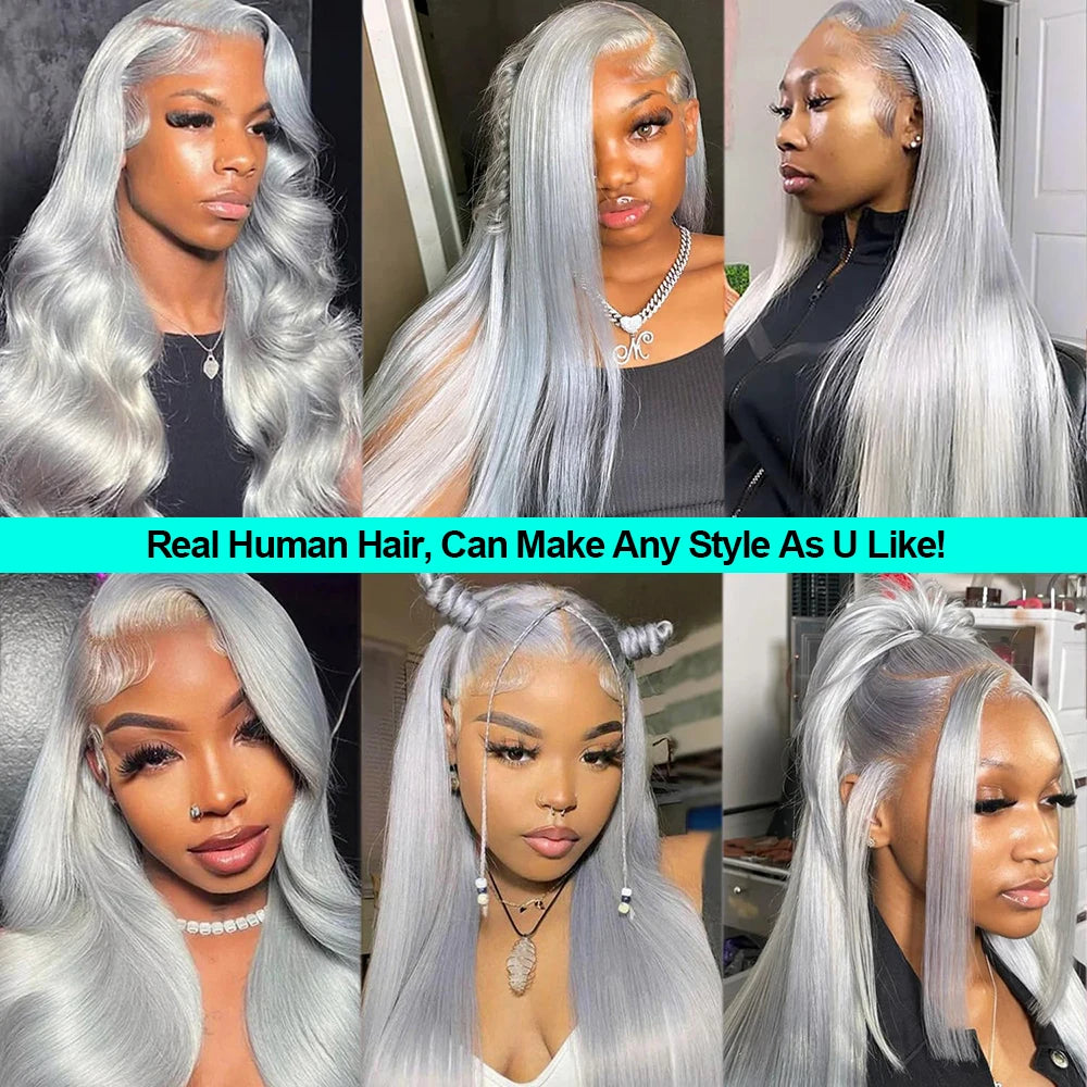 38 Inche Silver Grey Straight Lace Front Wig 100% Human Hair 613 Colored HD Transparent 13x6 Lace Frontal Wigs Cosplay Pre Pluck Fiquetel US Store Store ID 1104072973