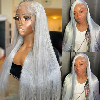 38 Inche Silver Grey Straight Lace Front Wig 100% Human Hair 613 Colored HD Transparent 13x6 Lace Frontal Wigs Cosplay Pre Pluck Fiquetel US Store Store ID 1104072973