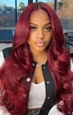 99j Burgundy 46 Inch Body Wave Human Hair Wig 13x6 HD Lace Frontal 200 Density Pre Plucked Human Hair Adjustable Breathable Wig Ainmeys Store ID 1104236079
