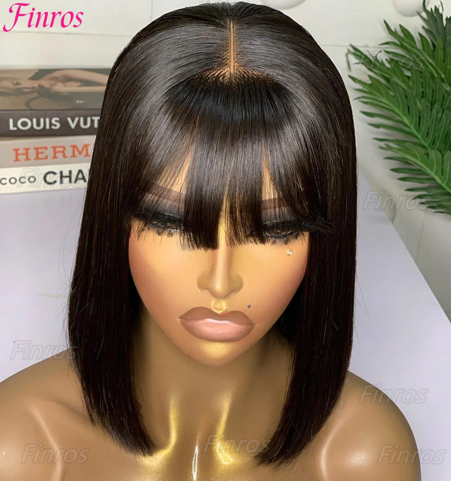 Cheap Straight Short Bob Wigs Human Hair With Bangs Brazilian Remy 3x1 Lace Middle Part Bob Wig for Women Full Machine Made Wig Finros Wig Store 1103412007
